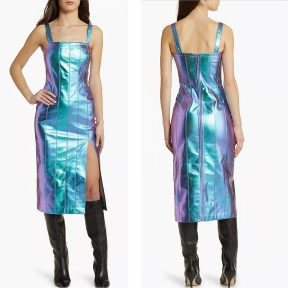 NWT Somethingnew Revolve metallic Iridescent Heather midi faux leather dress L - Picture 3 of 9